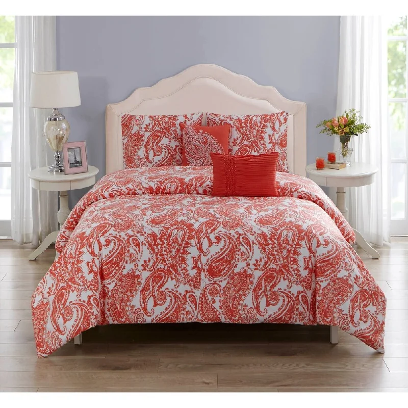 Wonder Home Providence 5PC Cotton Printed Comforter Set, Queen, Coral