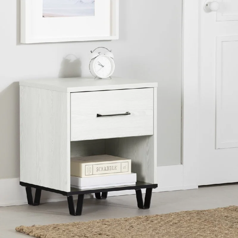 Arlen, Farmhouse 1-Drawer Nightstand, White Pine and Black Matte