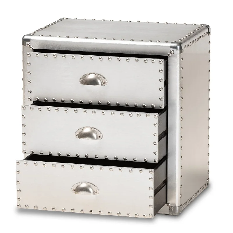 Armel French Industrial Silver Metal 3-Drawer Nightstand