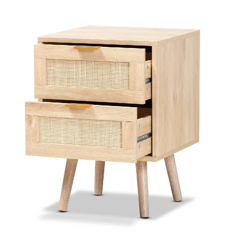 Baird Mid-Century Modern Light Oak Brown Finished Wood and Rattan 2-Drawer Nightstand