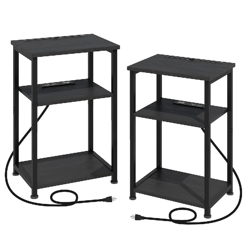 Black Nightstands Set of 2, End Side Table with Charging Station Phone Holder, Slim Couch Table with USB Ports & Outlets