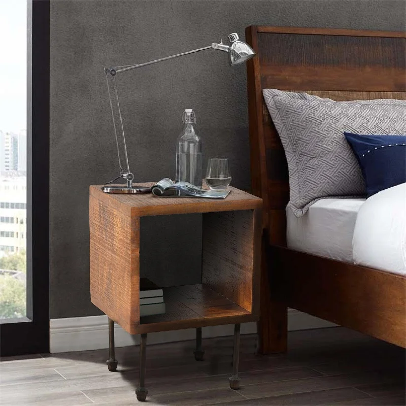 Brown 22 Inch Industrial Style Cube Shape Wooden Nightstand