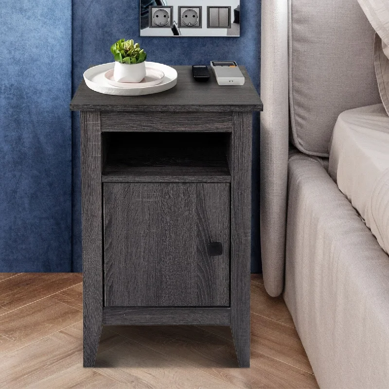 Cement Ash Nightstand with One-Door Storage Cabinet - P2 Particleboard - Modern Industrial Style