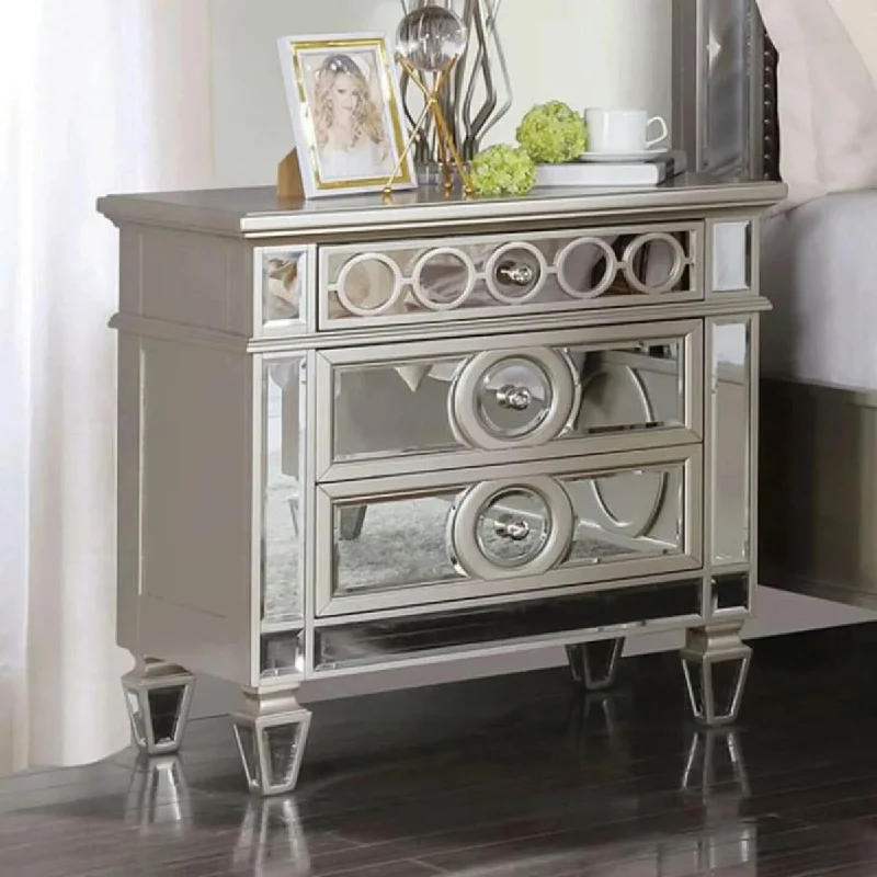 Champagne Finish Nightstand Only Glam Style Solid wood 2-Drawers Crystal-like Acrylic Knob Mirror Panels Ball-bearing Glides