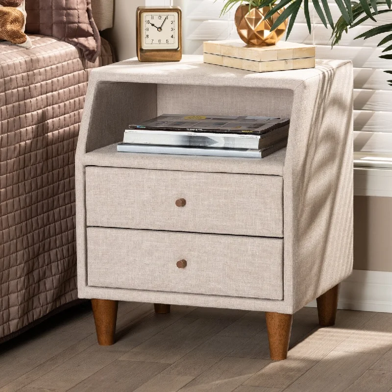 Claverie Mid-Century Modern Beige Fabric Upholstered 2-Drawer Wood Nightstand