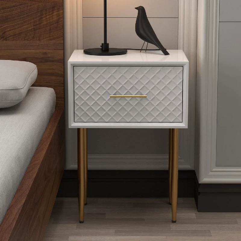 Contemporary Spacious Drawer Nightstand Side Table, Retro-Inspired Raised Diamond Motif, White