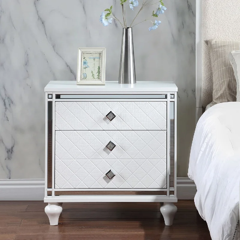 Contemporary White Nightstand with Mirrored Accents and Crystal Pulls, 2 Drawers & Hidden Drawer