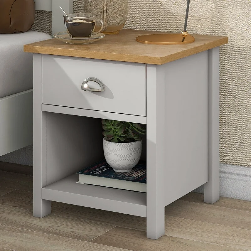 Country Gray Solid One Drawer Nightstand Side Table with Oak Top,High quality and durabl