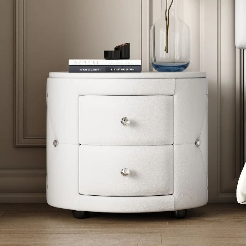 Elegant PU Nightstand with 2 Drawers and Crystal Handle, Metal Legs