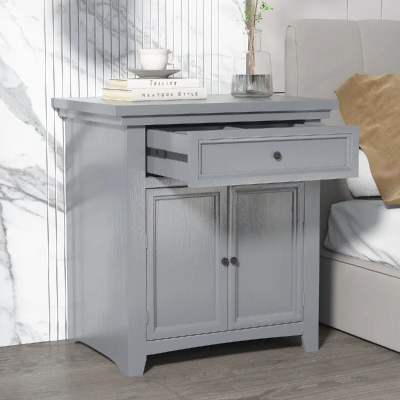 Gray Pine Wood and MDF Modern Nightstand with Slide Drawer and Flip Cabinet