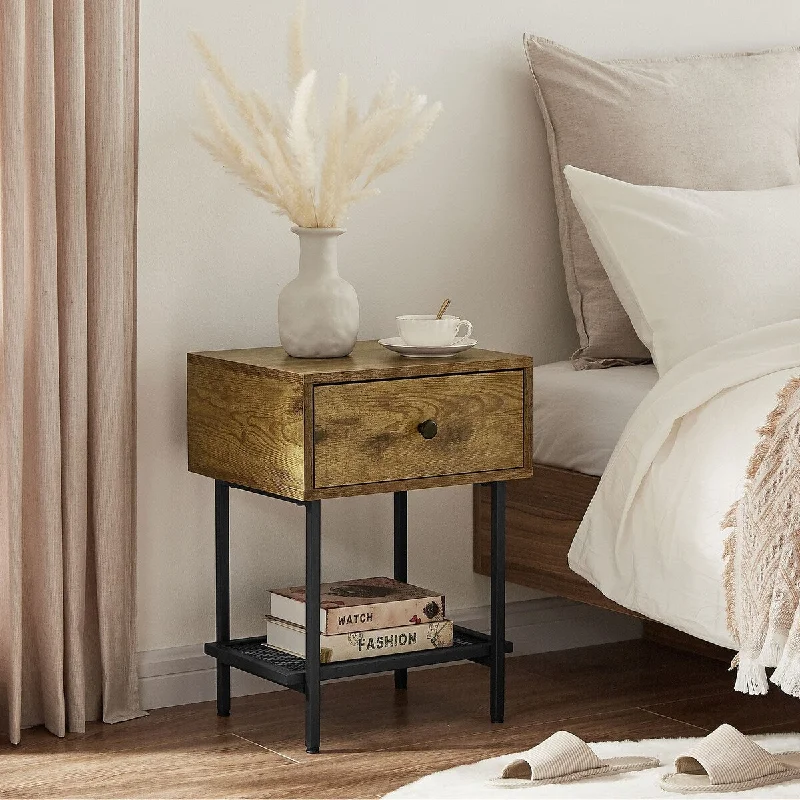 Industrial Nightstand with Drawer and Mesh Shelf