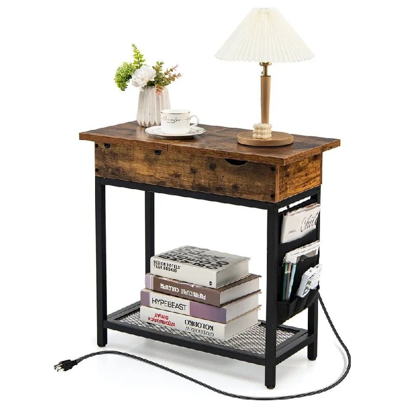 Industrial Tea Table & Charging Station Nightstand To Flip The Top Side Pocket USB