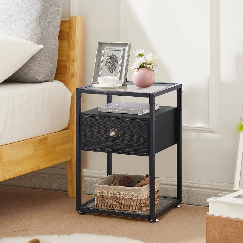 Javlergo Tempered Glass Nightstand with 1-Drawer and Storage Shelf