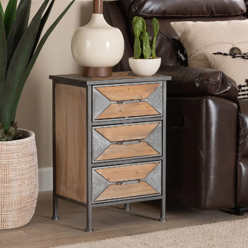 Laurel Rustic Industrial Antique Grey Finished Metal and Whitewashed Oak Brown Finished Wood 3-Drawer Nightstand