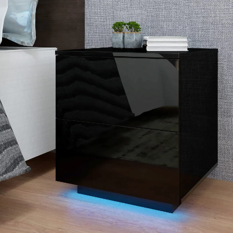 LED Nightstand with 2 Drawers, Black Night Stands with Multi-Colour LED Lights and 2 High Gloss Drawers, Modern Wood