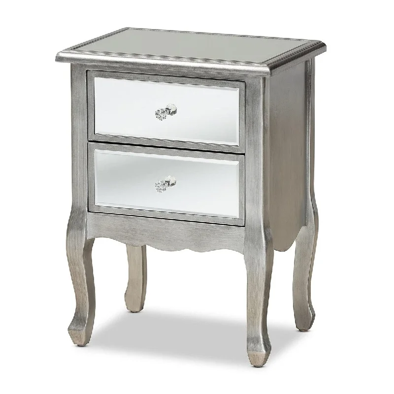 Leonie Silver Finished Wood Mirrored Glass 2-Drawer Nightstand