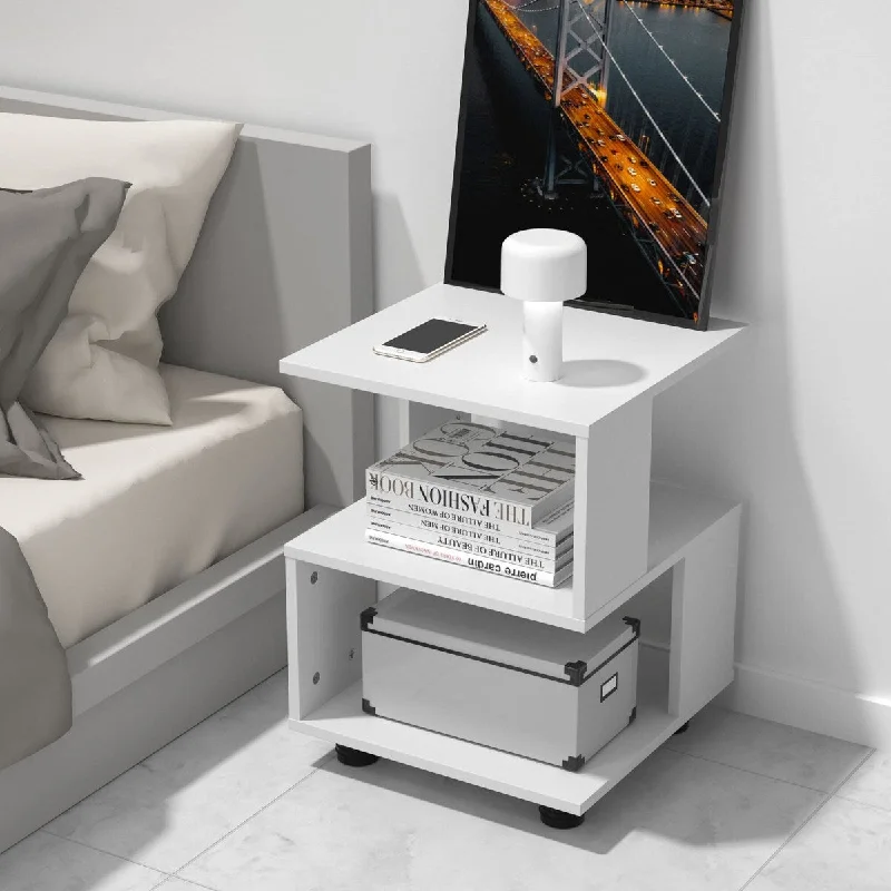 Magic Cube White Nightstands, Modern Fashion Style - 2 Tier Rectangular Hollow Design Nightstands, Irregular nightstand Table