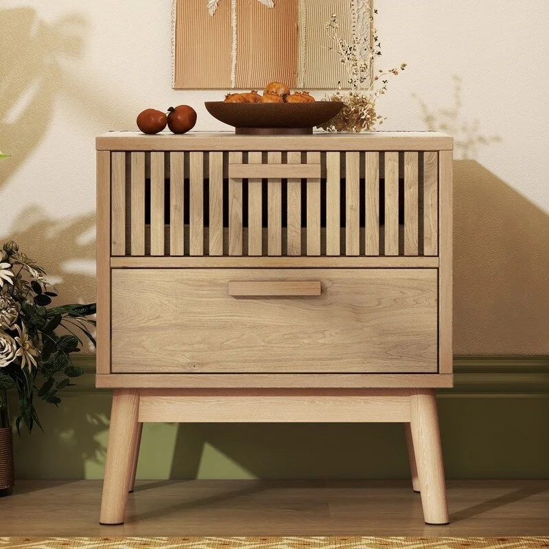 Mid Century 2-Drawer Nightstand with Rubber Wood Legs