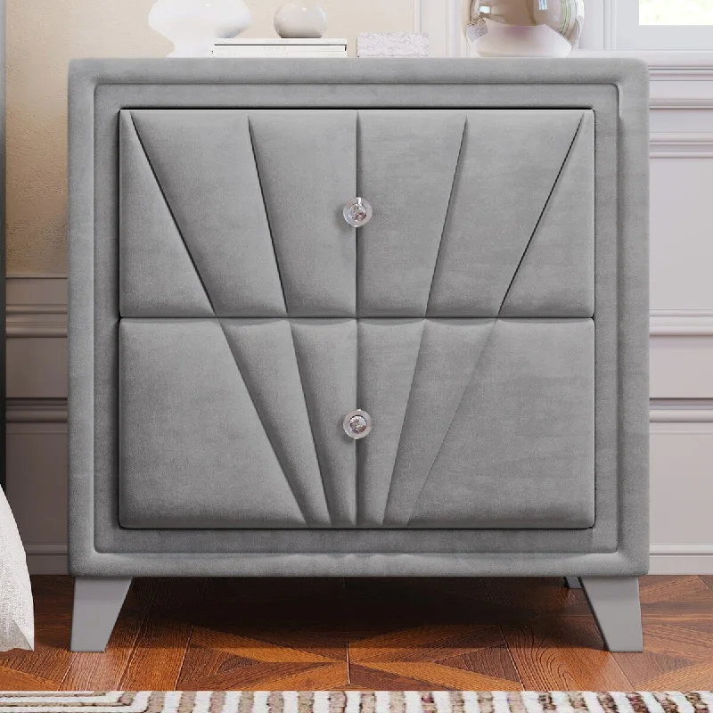 Modern Velvet Upholstered Glass Top Nightstand with Two Drawers