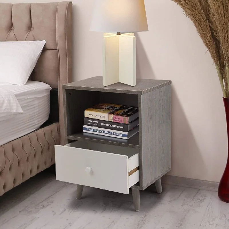 Modern Wood Nightstands with Drawer, Open Shelf and Solid Wood Legs, 2-Pack