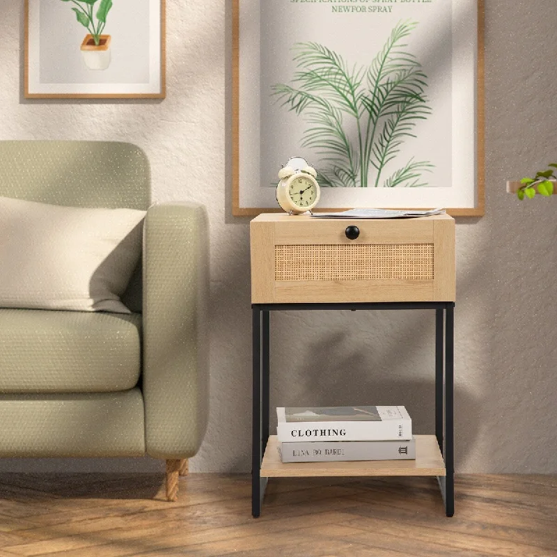 Natural Rattan Nightstand with one Drawer and Bottom Shelf