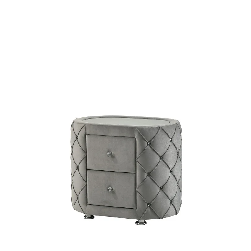 Nightstand, Side Drawer, Gray Velvet