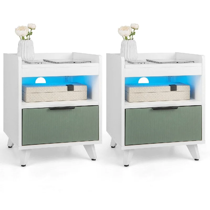 Nightstand with LED Lights Set of 2 - Modern Side Table with Sliding Drawer & Open Compartment, RGB LED Night Stand