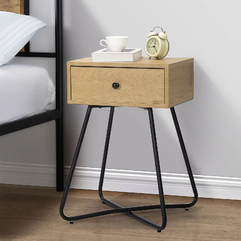 Oak P2 MDF Modern Night Stand - Drawer, Cross Legs, Small Space Storage - Set of 2