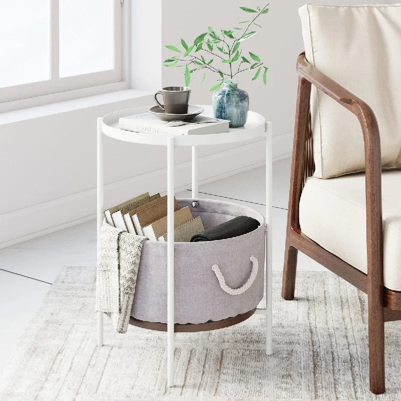 Oraa Nightstand with Rustic Oak Tray Top, White Metal Frame with Fabric Basket and Rope Handles