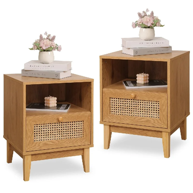 Rattan Nightstand Set of 2, Boho Side Table with Handmade Rattan Decorated Drawer, Mid-Century Modern Nightstand