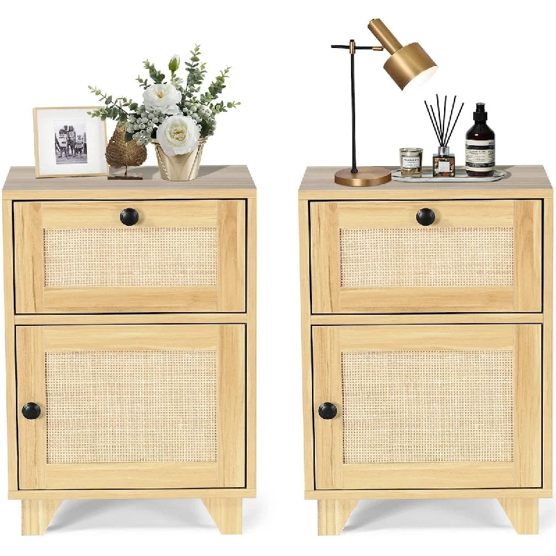 Rattan Nightstand Set of 2 Wood Side Table, Boho Nightstands Set 2 with Handmade Rattan Decorated Door Mid Century