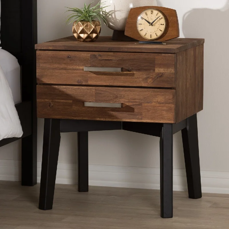 Selena Mid-Century Modern Brown Wood 2-Drawer Nightstand