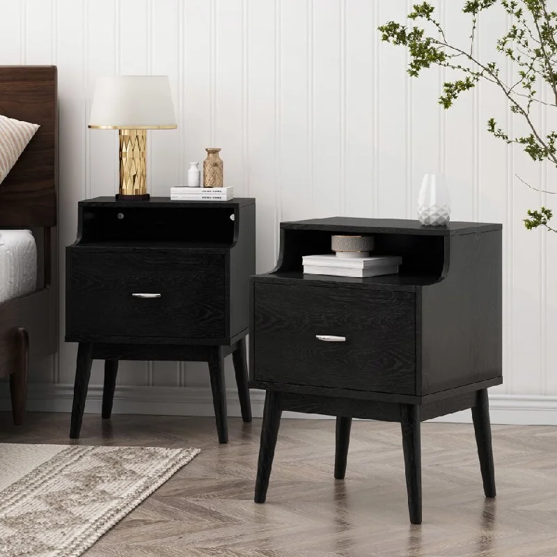 Starla Wooden Nightstands with Hutch, Set of 2, Black