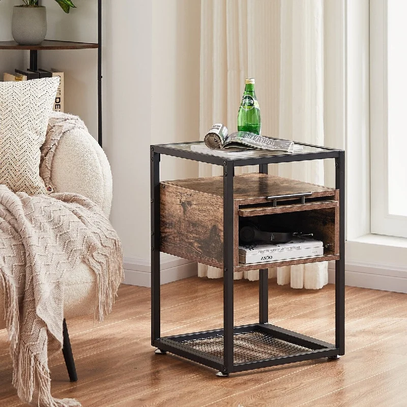 Tempered Glass Top Nightstand with Flip Drawer and Mesh Shelf