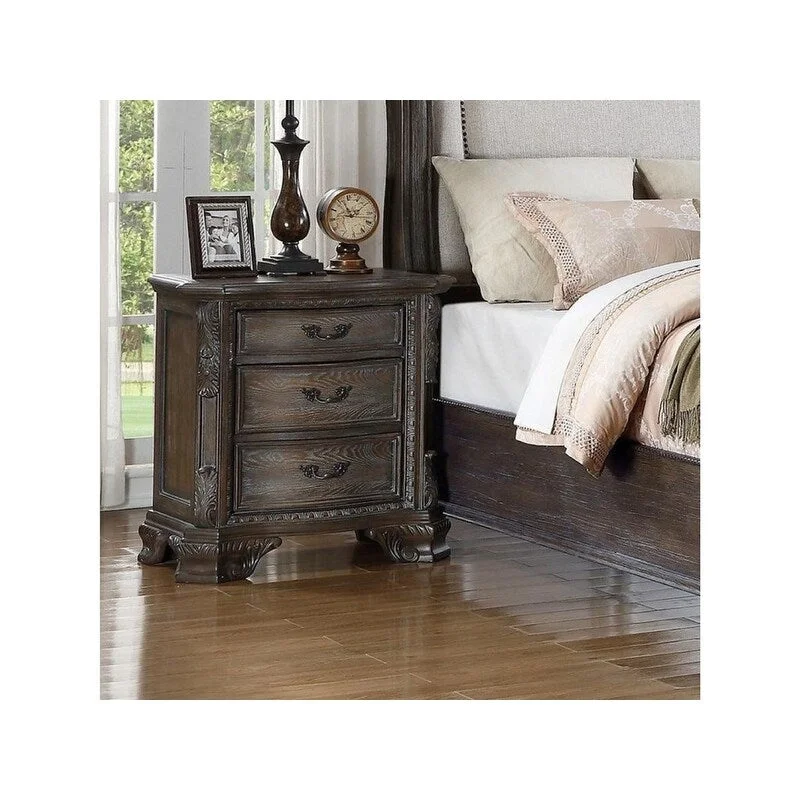 Traditional Nightstand with 3 Drawers Grey Decorative Drawer Pulls