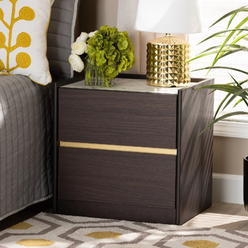 Walker Modern and Contemporary Dark Brown and Gold Finished Wood Nightstand with Faux Marble Top